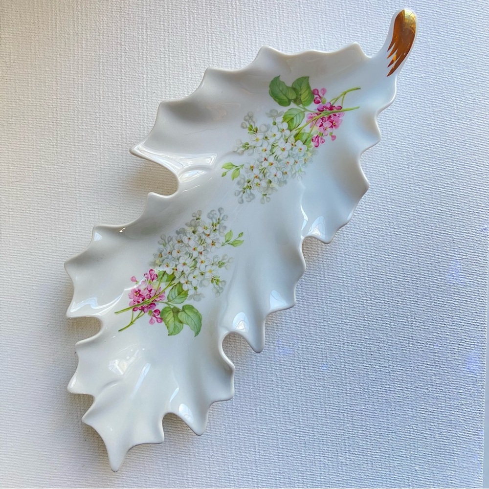 Old Nuremberg Bavaria Germany vintage floral leaf dish in white pink and green